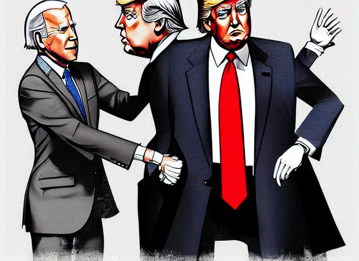 Image similar to donald trump and joe biden in handcuffs going to jail, digital art, trending on artstation, highly detailed, illustration, concept art, elegant, beautiful, masterpiece