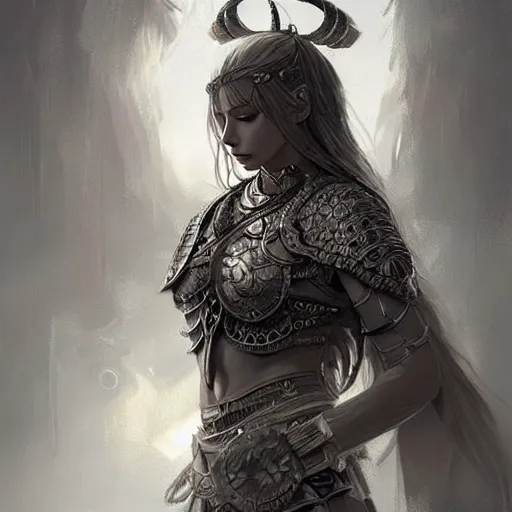 Prompt: beautiful extremely detailed intricate concept art depicting a warrior by wlop. shining jewelry. grey atmosphere. bcy. net