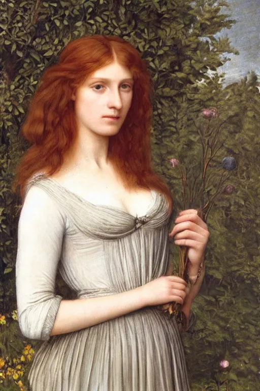 Image similar to Pre-Raphaelite portrait of a young, beautiful female-engineer with blond hair and grey eyes
