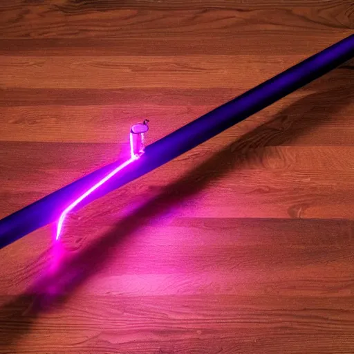 Image similar to A wand made out of pink wood shooting purple lighting.