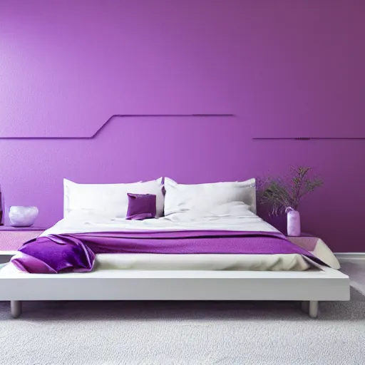 Prompt: interior of a beautiful and cozy bedroom, modern minimal design, vaporwave wallpaper texture, vivid lighting, purple color scheme, photorealist, 4 k