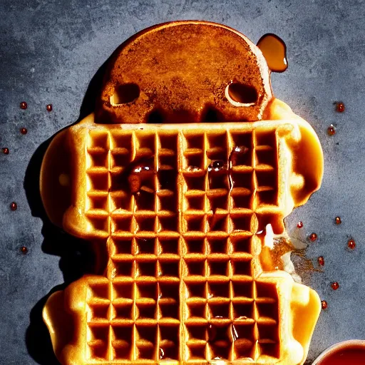 Image similar to photo of a delicious tasty waffle in the shape of a skull, syrup, food photography, 8 k high definition, insanely detailed, intricate