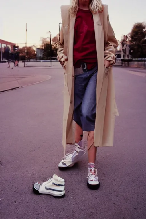 Image similar to high quality realistic street photo of girl, blond hair, clothes in the sport style of 1 9 9 0, sneakers, lowered socks, loose coat, perfect face against the sunset sky ; kodak ektar, 2 0 0 iso, 3 5 mm lens, bill henson style beautiful chiaroscuro lighting, beautiful colour palette, beautiful and realistic, wide shot