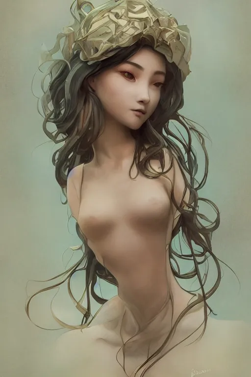 Prompt: character bust portrait, zero gravity floating in the wind, a seductive praying goddess in the style of artgerm, wlop, greg rutkowski, alphonse mucha and ayami kojima, realistic details, volumetric lighting, very very very very beautiful symmetrical face, trending on artstation, artstationhd, artstationhq, unreal engine, 4 k, 8 k