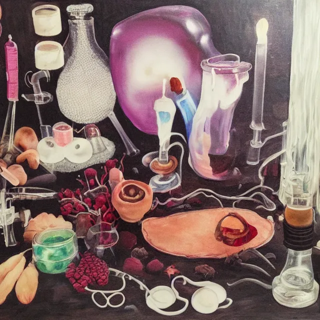 Prompt: sensual, a portrait in a female art student's apartment, pancakes, camp fire, river, dusk, moonlight, berries, octopus, surgical supplies, mushrooms, scientific glassware, candle dripping white wax, berry juice drips, neo - expressionism, surrealism, acrylic and spray paint and oilstick on canvas