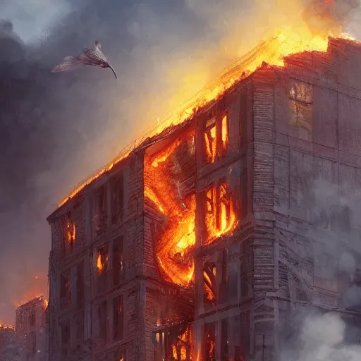 Image similar to unknown creature destroys building in flames, highly detailed, digital image, artstation concept art, smooth, sharp focus, artgerm, alphonse fly, photorealistic