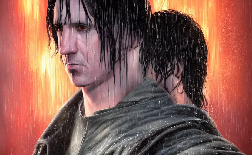 Image similar to an epic fantasy comic book style portrait painting of very beautiful imposing industrial goth trent reznor as snape with wet hair in the rain, neon reflections, character design by mark ryden and pixar and hayao miyazaki, unreal 5, daz, hyperrealistic, octane render, cosplay, rpg portrait, dynamic lighting, intricate detail, cinematic