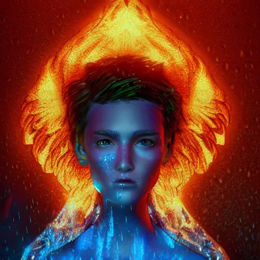 Image similar to angel spirit guide, cartoon portrait made out of rain, realistic, highly detailed, neon, rendered in octane, unreal engine, beautiful, trending on artstation,