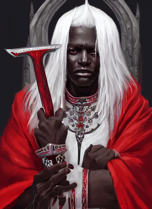 Image similar to a highly detailed illustration of sadistic white haired tanned african priest wearing white robe with red cross design, wielding divine bloody sword, evil smirk, gothic church background, intricate, elegant, highly detailed, centered, digital painting, artstation, concept art, smooth, sharp focus, league of legends concept art, wlop