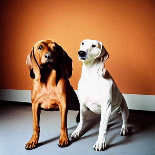 Prompt: a william wegman photograph of two dogs standing on hind legs in human clothing by ryan mcginley 4k, hyperrealistic, focused, extreme details, unreal engine 5, cinematic, masterpiece, high resolution, detailed,