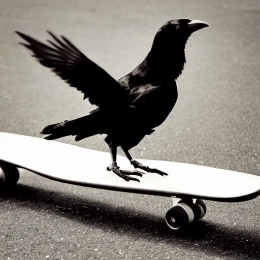 Image similar to a photo of a crow riding a skateboard