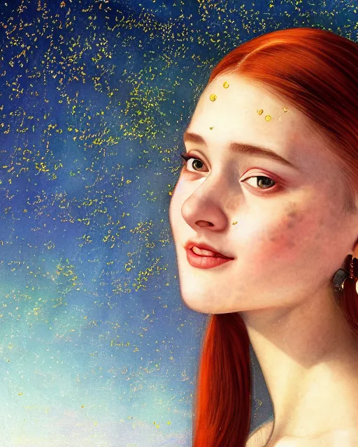 Image similar to a happy, modern looking young woman looking over shoulder, intricate detailed dress, among the lights of golden fireflies and nature, long loose red hair, bright green eyes, small nose with freckles, triangle shape face, smiling, dreamy scene, golden ratio, high contrast, hyper realistic digital art by caravaggio and artgerm.