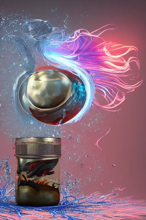 Image similar to a octane render of a siamese fighting fish and violent tornado inside a jar, close - up studio photo, lighting path traced, highly detailed, high quality, hyper - realistic, max accurate,