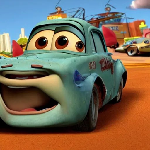 Image similar to mater from cars crashing into a building, rubble, disney pixars cars, mater, mater