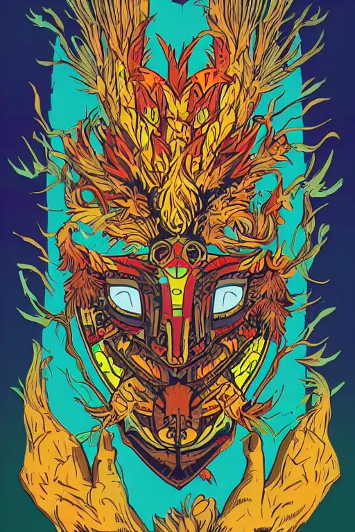 Image similar to animal mask totem roots flower tribal feather gemstone plant wood rock shaman vodoo video game vector cutout illustration vivid multicolor borderlands comics by josan gonzales and dan mumford radiating a glowing aura