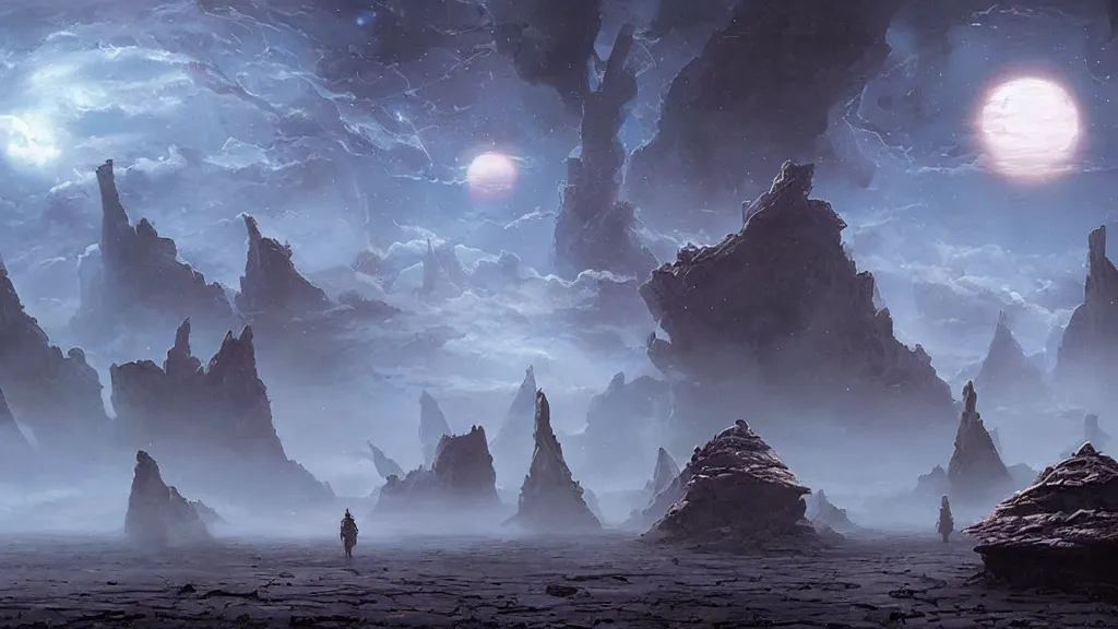 Image similar to eerie atmospheric alien worlds by michael whelan and stephan martiniere, epic cinematic matte painting