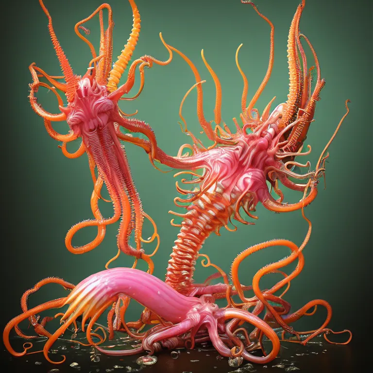 Image similar to still life of transparent plastic xenomorph, beautiful pastel color tropical flowers, glossy metallic human spine, spiky tentacles, tropical fruit, human body parts, colorful mold, baroque painting, beautiful detailed intricate insanely detailed octane render, 8K artistic photography, photorealistic, perfect composition, golden ratio, chiaroscuro, Raphael, Caravaggio