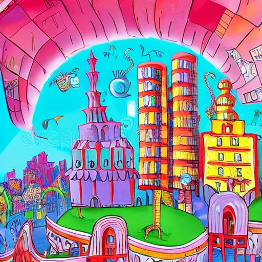 Image similar to fanciful city filled with curvy buildings, by dr seuss, oh the places you'll go, arches, platforms, towers, bridges, stairs, colorful kids book illustration