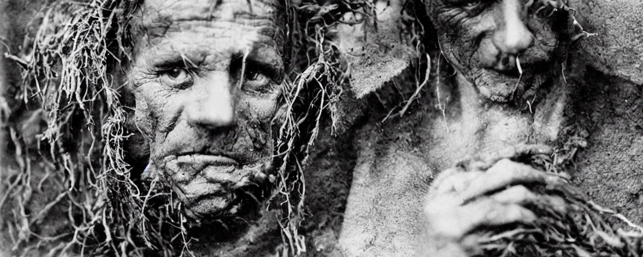 Image similar to 1920s portrait photography of alpine old farmer transforming into a monster, roots growing out of his face