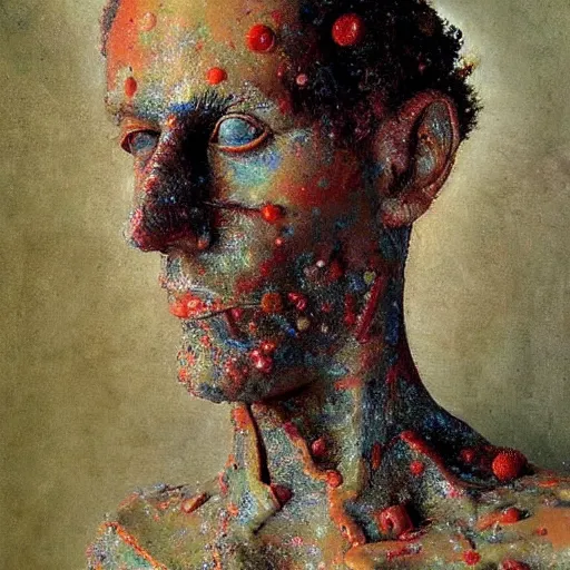 Prompt: a sculpture portrait made of bacteria and dust and molecules and atoms, painting part by wojciech siudmak, part by ilya repin, part by max ernst, part by norman rockwell, artstation