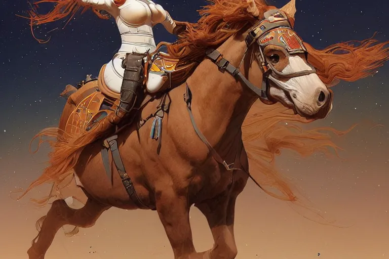 Prompt: character concept of an astronaut, voluptuous, riding a horse and marching through the desert, highly detailed, digital painting, artstation, concept art, symmetry, smooth, sharp focus, illustration, art by artgerm and greg rutkowski and alphonse mucha