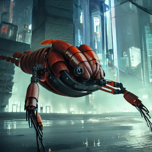 Image similar to a giant robotic shrimp standing in a dystopian city, cyberpunk, dystopian, god, evil, villain, sharp focus, dynamic lights, still, photograph, hyper realistic, masterpiece, digital, octane render, rendered, 3 d, blender, 3 d software, cinematic, cinematic lighting, dramatic lighting, dramatic, highly detailed, intricate details, texture, slime, cinematic composition