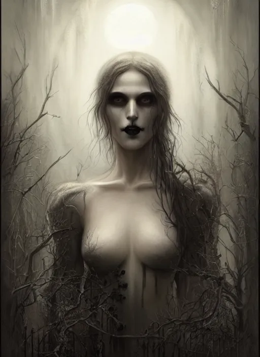 Prompt: By Tom Bagshaw, ultra realist soft painting of a gothic crypt by night, female vampire smile, horror, omnious sky, symmetry accurate features, very intricate details, black and white, volumetric light clouds