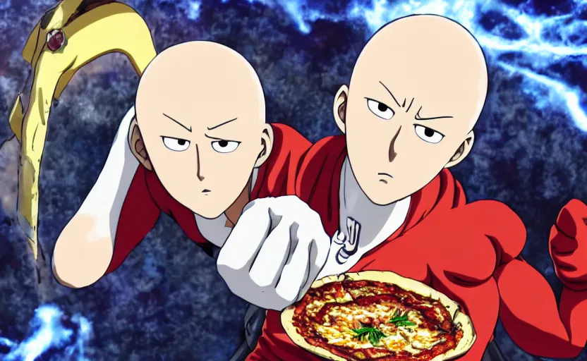 Prompt: Saitama from One Punch Man eating pizza, 8k hdr pixiv dslr photo