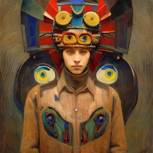 Image similar to the young robot prince with his feathered bird mask, by annie swynnerton and diego rivera and elihu vedder, symbolist, dramatic lighting, elaborate geometric ornament, head and shoulders view, art brut, soft cool colors, smooth, sharp focus, extremely detailed, adolf wolfli, donato giancola