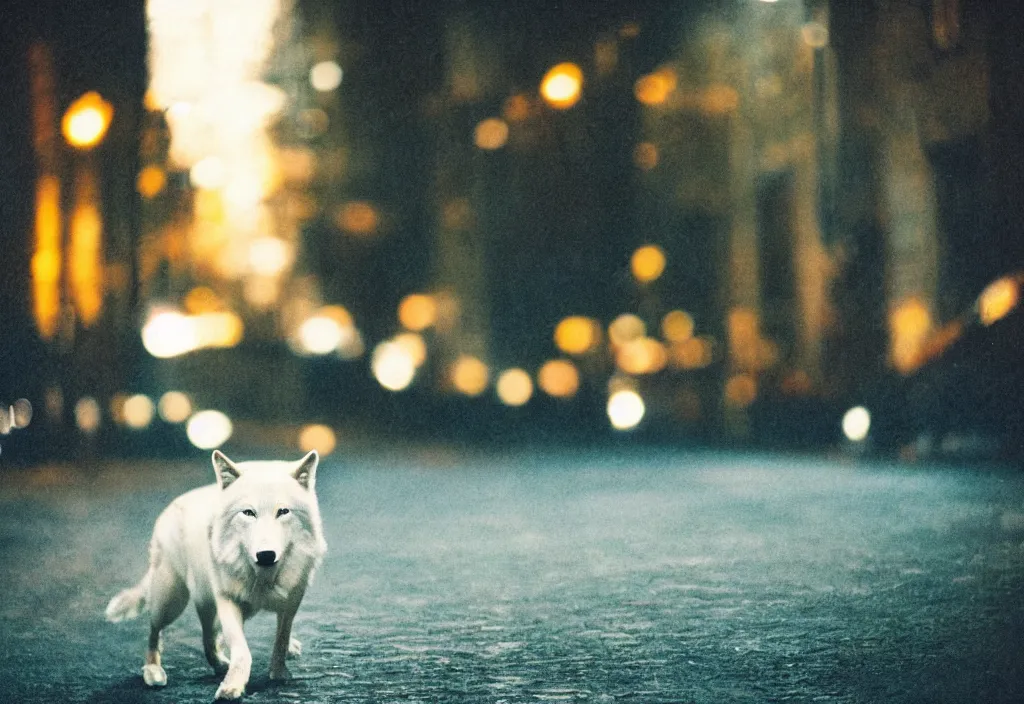 Image similar to lomo photo of a white wolf in empty dark street, cinestill, bokeh, out of focus, night, dramatic lighting, streetlight