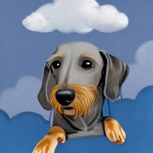 Image similar to an elderly, grey wire-haired dachshund floating in heaven, blue sky, surrounded by beautiful white clouds, with a halo