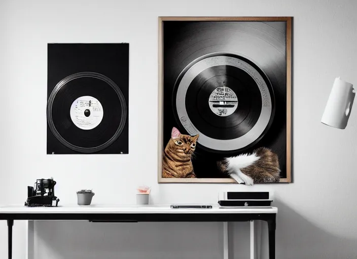 Image similar to photography of a Cat sitting on a record player. in a room full of posters, photorealistic, raining award winning photo, 100mm, sharp, high res