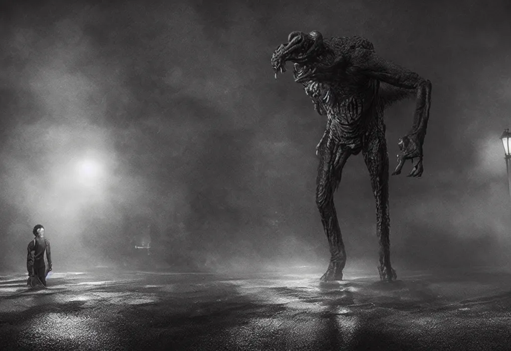 Image similar to vfx film, monster creature by aaron sims, in residential street, low - key lighting award winning photography arri alexa cinematography, hyper real photorealistic cinematic beautiful, atmospheric