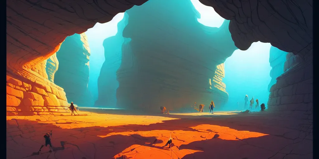 Prompt: deep natural cave wall, low ceiling, dynamic light, illustration by moebius, rhads, syd mead, dan mumford, clean thick line, comics style