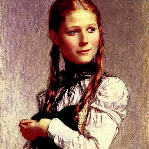 Image similar to Young gwyneth paltrow in a victorian blouse, vintage shading, by Ilya Repin