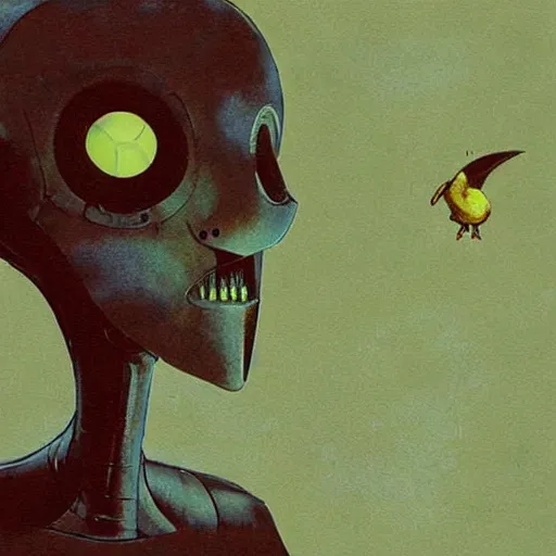 Prompt: a robot bird wishing to be alive, concept art by dave mckean and moebius