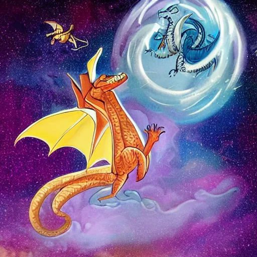 Prompt: Kayla riding a dragon through space