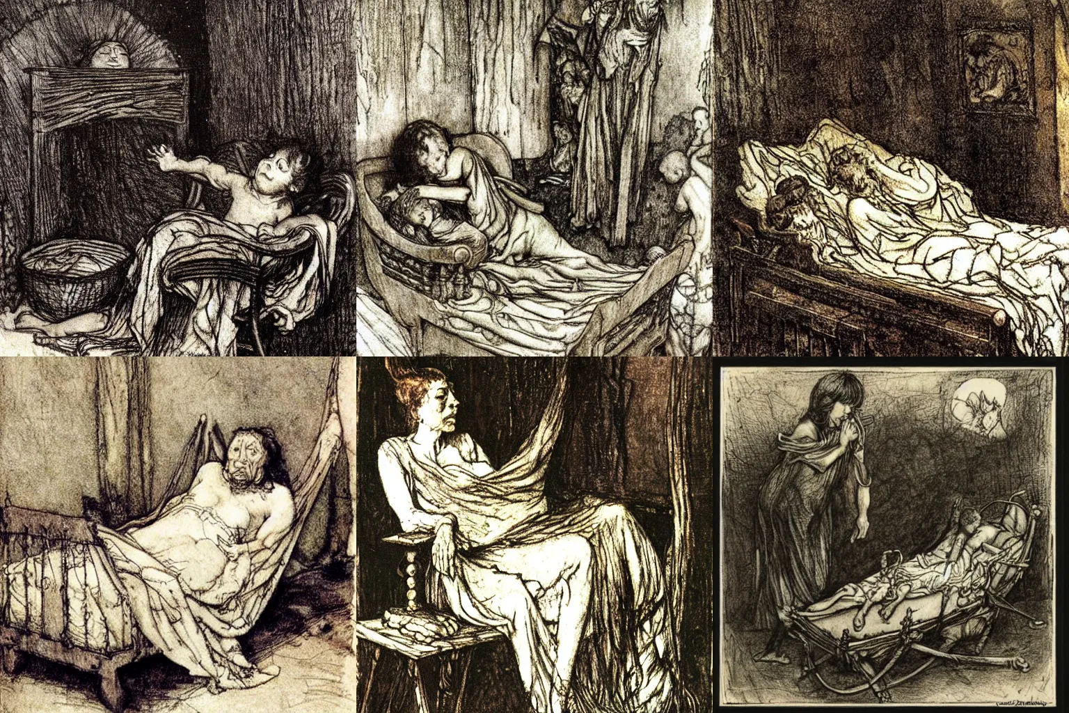 Prompt: 2 0 centuries of stony sleep vexed to nightmare by a rocking cradle. painting by arthur rackham and diego velazquez.