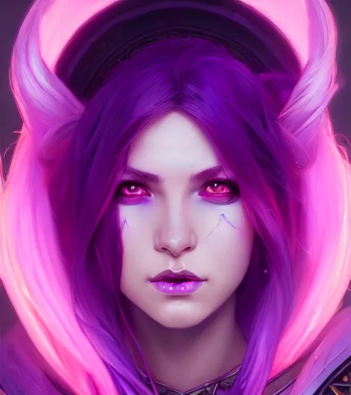 Image similar to stunningly beautiful female neon and purple hair, fantasy art, fae priestess, world of warcraft video game, goddess sharp focus, digital, painting, 8 k, concept art, art by wlop, artgerm, greg rutkowski and alphonse mucha