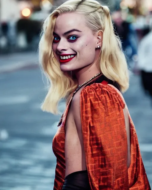 Image similar to 3 5 mm photo of elegant suicide squad margot robbie that looks like harley quinn, long blonde hair and big eyes, beautiful smile, finely detailed perfect face, standing on the wet street at sunset, ambient golden hour sunset lighting,