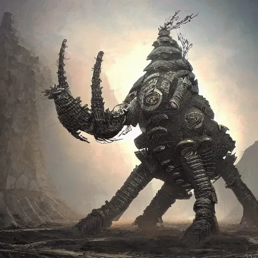 Prompt: giant armored ashigaru beetle war construct golem, glowing gnostic brian froud markings, magic and steam - punk inspired, in an ancient stone circle on a plateau in a blizzard, kanji markings, concept painting by jessica rossier, hr giger, john berkey