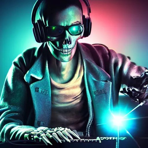 Prompt: cyberpunk skeleton with headphones playing synthesizer, smoky lights, lasers, highly detailed, realistic, dusty, technology and magic,