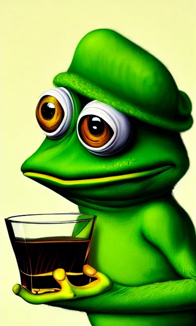 Prompt: Distinguished Pepe the Frog drinking the finest whiskey in a glass, Algae. Trending on ArtStation and Pixiv. A vibrant digital oil painting. A highly detailed fantasy character illustration by Wayne Reynolds and Charles Monet and Gustave Dore and Carl Critchlow and Bram Sels