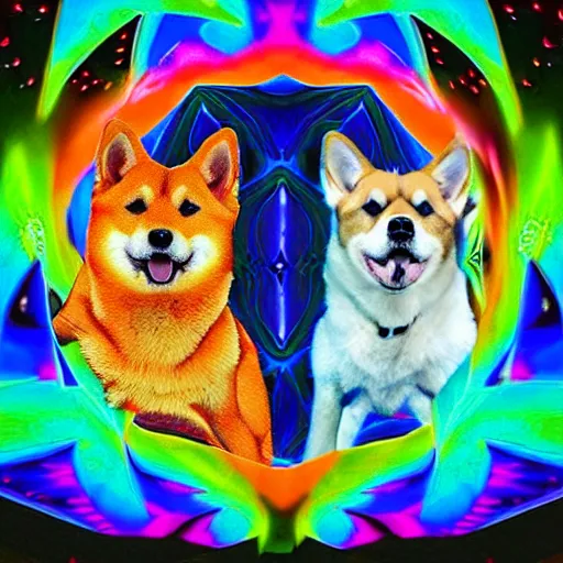 Image similar to two shiba inu in the psychedelic baroque dmt fourth dimensional tunnel