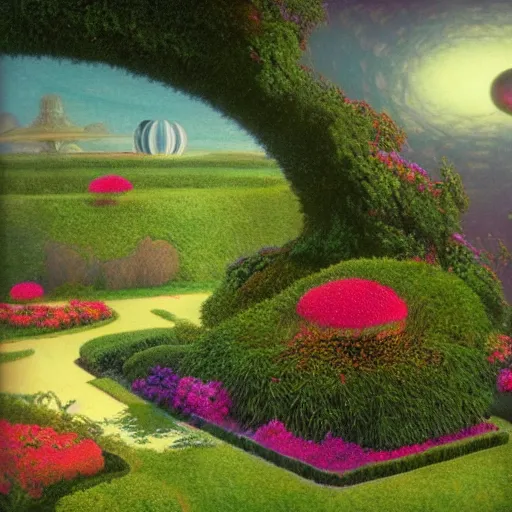 Prompt: a garden in orbit around saturn, 8 k, lowbrow, digital art, unreal engine, in the style of martin johnson heade, roger dean and john bauer,