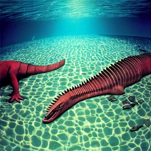 Image similar to nirvana nevermind album cover with a spinosaurus