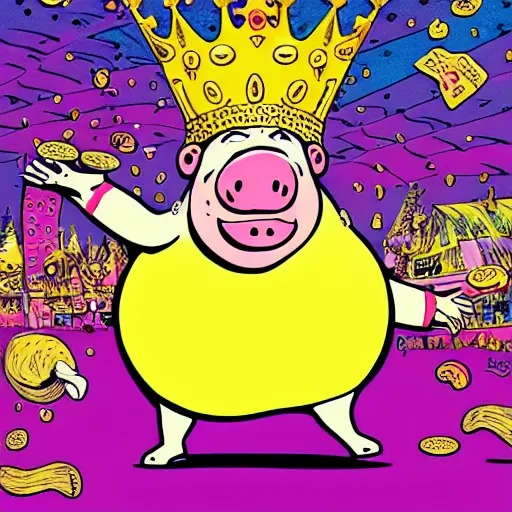 Image similar to trippy comic art of a obese pig wearing a gold crown throwing snack bags into the air, drawn by Martin Rowson, Tim Burton, Studio Ghibli, Alex Pardee, Nekro Petros Afshar, James McDermott, colors by lisa frank, unstirred paint, vivid color, cgsociety 4K