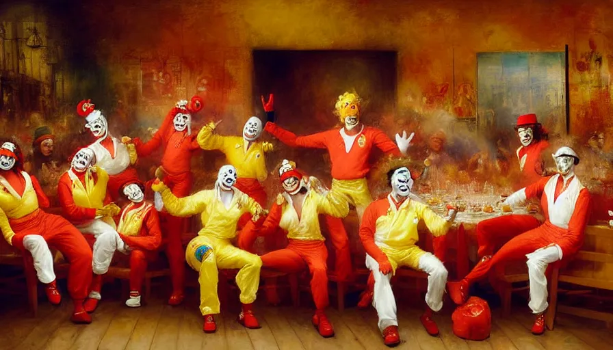 Prompt: highly detailed painting of a group of ronald mcdonalds with red afros, white facepaint, red noses and yellow tracksuits salsa dancing at a spanish tapas restaurant by william turner, by greg rutkowski, by william constable, thick brush strokes and visible paint layers, 4 k resolution