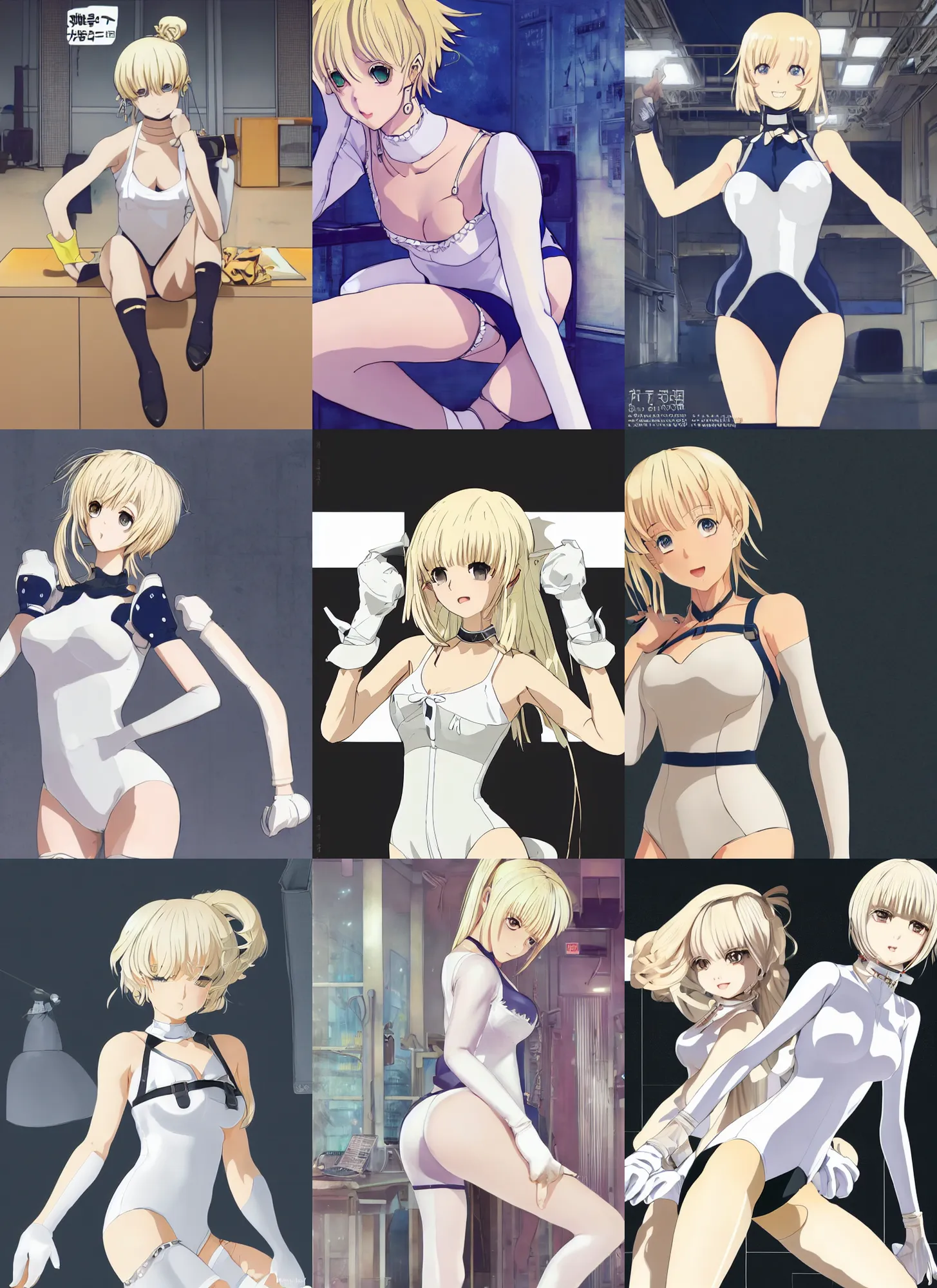 Prompt: Worksafe. Pixiv manga Illustration,close-up blonde princess posing in empty photo studio,wearing white leotard,white elbow gloves,choker,pantyhose tights.Accurately shaped face, contour lines.Anime style at Pixiv,Danbooru and ArtStation,by krenz cushart,makoto shinkai,tony taka,ilya kuvshinov,shirow masamune,8K HD,clean image,high quality