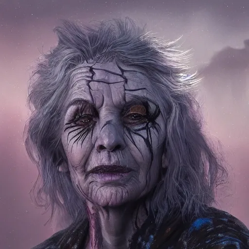 Prompt: fantasy portrait of an energetic old woman with silky, cloudy grey hair, black scars on her face, swamp vegetation in the background, nocturnal palette, art by greg rutowski, raphael lacoste, eddie mendoza, artgerm, trending on artstation